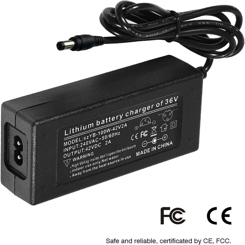 Laad afbeelding in Galerijviewer, De Laad je elektrische scooter snel en efficiënt op met onze 36V netadapter is een zwarte lader met 100-240V AC input en 42V, 2A output. Het beschikt over een tweepolige stekker, standaard cilindrische connector en veilige werking met CE en FCC certificering. Gemaakt in China voor betrouwbaar gebruik.
