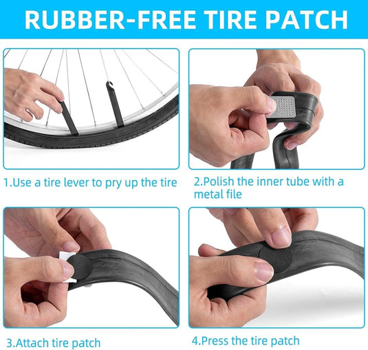 Om de Ontdek de kracht van onze sterke reparatiepatch voor fietsbanden te gebruiken, gebruikt u een bandenlichter, polijst u de binnenband, bevestigt u de patch en drukt u deze stevig op de fietsband.