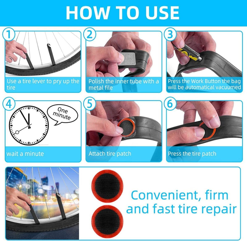 Laad afbeelding in Galerijviewer, Instructieschema met de stappen voor het repareren van een fietsband, inclusief het gebruikte gereedschap en de toepassing van de Ontdek de kracht van onze sterke reparatiepatch voor fietsbanden, met een onderschrift over handig en snel bandenreparatie.
