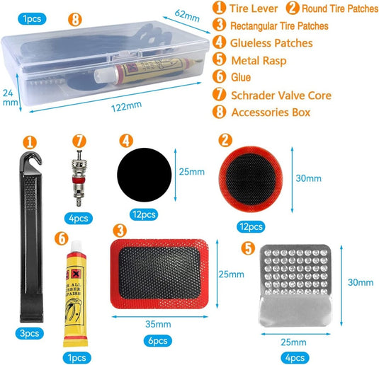 Onze fietsreparatieset, met de Ontdek reparatiepatch, bevat essentiële onderdelen zoals een bandenlichter, ventielkern, patches, lijm, metaalrasp en een opbergdoos met specifieke afmetingen en hoeveelheden voor het efficiënt repareren van binnenbanden.