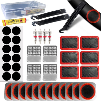 De Ontdek de kracht van onze sterke reparatiepatch voor fietsbanden bevat voor het gemak een bandenreparatieset met meerdere pleisters, rubbercement, ventielkernen, metalen rasp, plastic bandenlichters en een doorzichtige opbergdoos.
