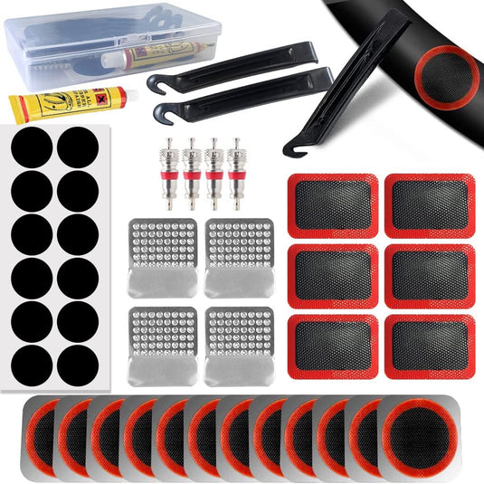 De Ontdek de kracht van onze sterke reparatiepatch voor fietsbanden bevat voor het gemak een bandenreparatieset met meerdere pleisters, rubbercement, ventielkernen, metalen rasp, plastic bandenlichters en een doorzichtige opbergdoos.