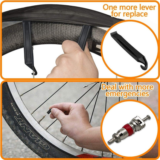 Er wordt een fietsbandenlichter op een wiel gebruikt, terwijl een extra hendel wordt weergegeven. Hieronder stelt iemand een klepsteel af, wat het gebruiksgemak benadrukt "Ontdek de kracht van onze sterke reparatie patch voor fietsbanden.