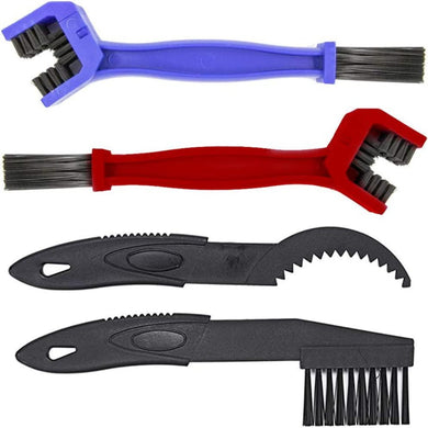 Het product bevat vier kettingreiniger-gereedschappen: twee blauwe en rode driezijdige multifunctionele borstels en twee zwarte met een comfortabele grip, gebogen schraper en borstel.