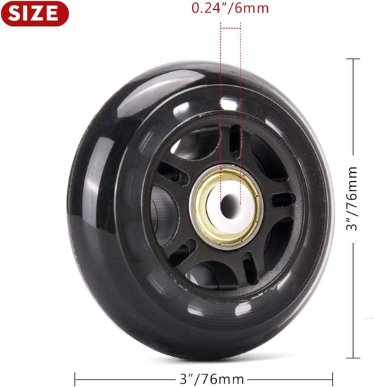 Close-up van een zwart skatewiel uit "Verbeter je skate ervaring", met een hardheid van 84A, een centraal metalen lager, een diameter van 76 mm en een breedte van 0,24 inch (6 mm).