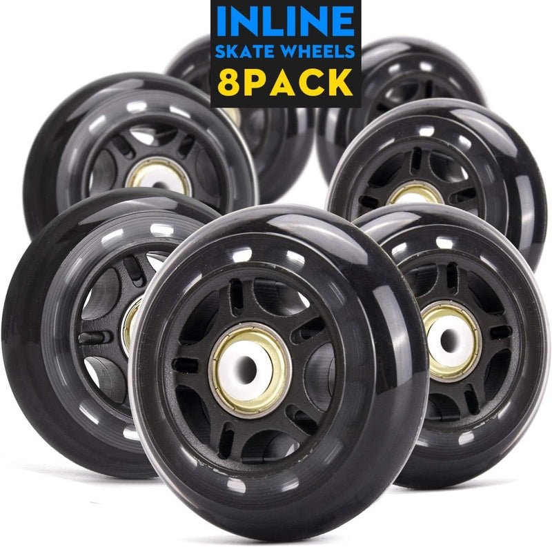 Laad afbeelding in Galerijviewer, Acht zwarte inline skate wielen hebben een diameter van 76 mm en een hardheid van 84A, met het opschrift &quot;Verbeter je skate ervaring met 76mm skatewielen 84A hardheid skateboard wielen.
