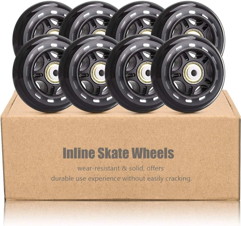 Laad afbeelding in Galerijviewer, Een set van acht zwarte Verbeter je skate ervaring wielen, 76 mm groot met een hardheid van 84A, zijn in twee rijen op een bruine doos met het label &#39;Inline Skate Wheels&#39; geplaatst.
