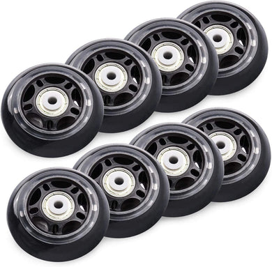 Het product bestaat uit acht zwarte 76mm-wielen, elk met een hardheid van 84A en een centraal zilverkleurig lager.