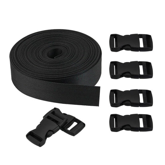De set bevat een zwarte nylon bandrol en vijf ABS-kunststof sluiting clips, die perfect aansluiten bij het "Ontdek de veelzijdigheid van deze steekgesp rugzakband: Eenvoudig, stevig en stijlvol.
