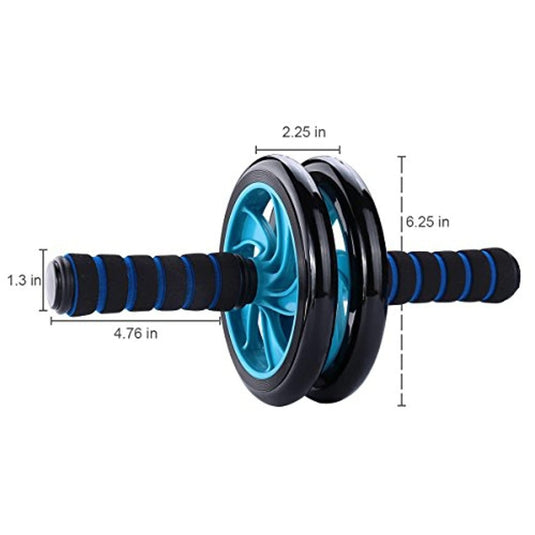 Zwart en blauw buikwiel met schuimrubberen handvatten, voorzien van twee wielen voor effectieve training. Afmetingen: 6,25 inch breed, 4,76 inch handvatlengte en een opening van 2,25 inch - de perfecte buikspiertrainer in Transformeer je buikspieren met de kracht van de beste buikspiertrainer!.