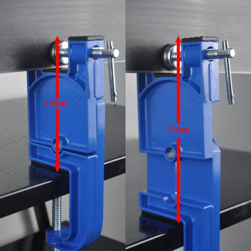 Laad afbeelding in Galerijviewer, Twee blauwe klemmen, gemaakt van duurzaam aluminium, zetten een plank vast; de linker meet 130 mm en de rechter 170 mm met rode pijlindicatoren. Perfect voor veelzijdige projecten, vergelijkbaar met een alpine ski-bankschroef - de perfecte oplossing voor het tunen en waxen van je ski&#39;s.
