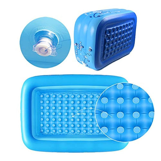 Beleef zomerplezier met ons opblaasbaar zwembad voor baby's, een blauwe ronde vierkante vorm gemaakt van duurzaam PVC. Het heeft een getextureerd interieur met cirkelpatronen en is voorzien van een luchtventiel voor eenvoudige.