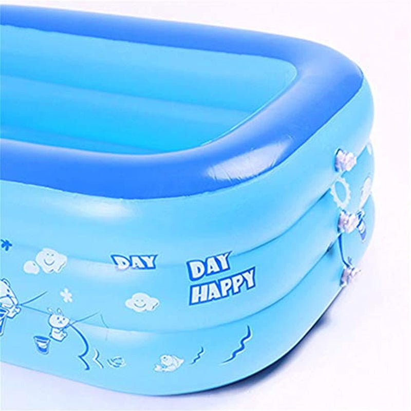 Laad afbeelding in Galerijviewer, Close-up van een blauw Beleef zomerplezier opblaasbaar zwembad met &quot;Day Happy&quot; op de zijkant geschreven, met stripfiguren en golven, gemaakt van duurzaam PVC voor verbeterde babyveiligheid.
