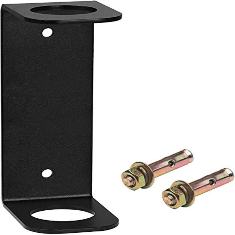 Laad afbeelding in Galerijviewer, Zwarte L-vormige metalen beugel met twee gaten, inclusief bouten, ringen en moeren voor montage. Ideaal voor ruimtebesparende opstellingen en biedt een georganiseerde opslagoplossing met de &quot;Organiseer je barbell veilig en ruimtebesparend met ons gewichten rek voor barbell opslag.
