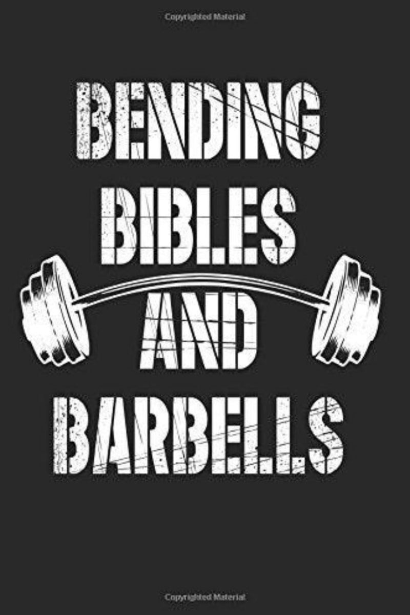Laad afbeelding in Galerijviewer, Het &quot;Bending Bibles and Barbells: Funny Workout Fitness Faith Notebook&quot; heeft tekst op een zwarte achtergrond met een illustratie van een halter, wat de combinatie van geloof en fitness symboliseert. Ideaal voor mensen die op zoek zijn naar een balans tussen spirituele groei en fysieke kracht.
