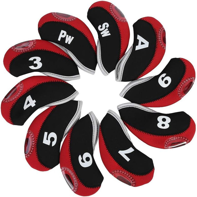 Laad afbeelding in Galerijviewer, Een ronde set zwarte en rode neopreen hoezen voor golfclubs, genummerd en letters: 3, 4, 5, 6, 7, 8, 9, Pw, Sw, A. Krijg uitstekende bescherming met &quot;Bescherm je golfclubs tegen schade en slijtage&quot;.
