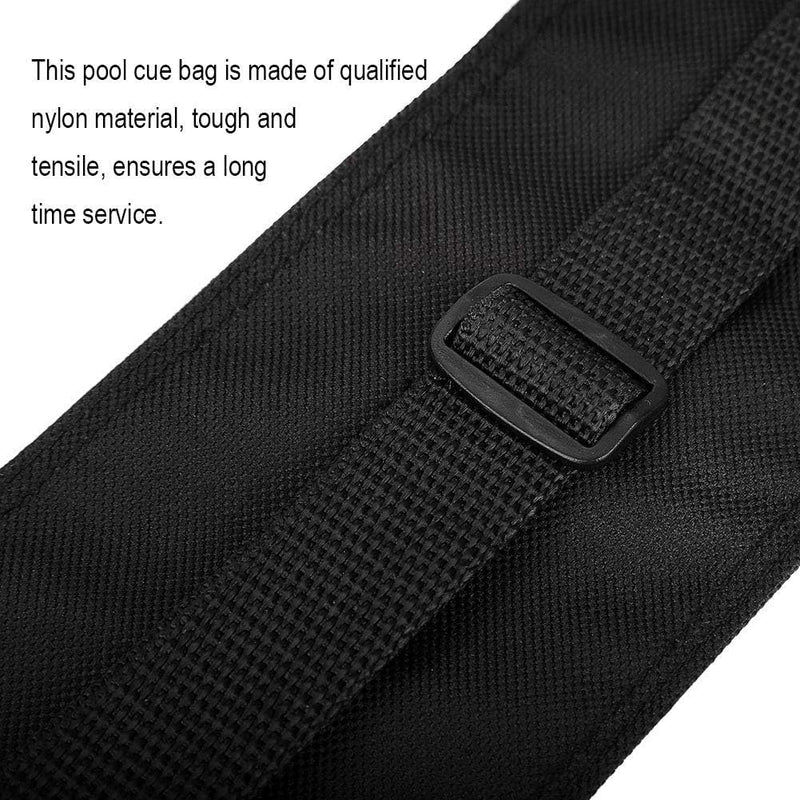 Laad afbeelding in Galerijviewer, Close-up van &quot;Bescherm je biljartclub in stijl&quot;, een zwarte nylon biljartkeuta met riem en gesp, die de duurzaamheid en krasbescherming benadrukt.
