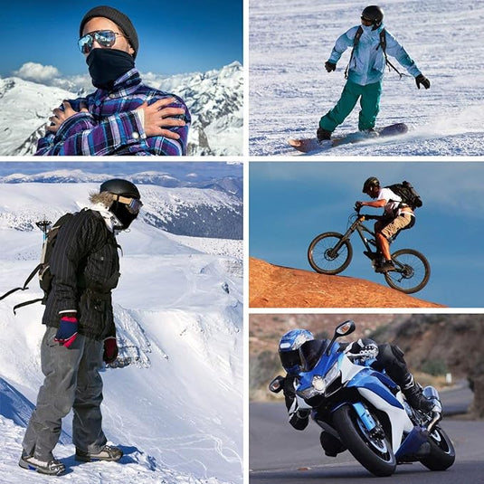 Collage van vijf afbeeldingen: avonturier in onze multifunctionele bivakmuts op besneeuwde berg, snowboarder, fietser op rode rots, persoon die skiet in overdekte uitrusting en motorrijder die cruiset. Een perfect momentopname van opwindende buitenactiviteiten.