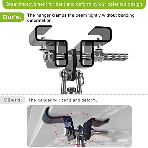 Laad afbeelding in Galerijviewer, Twee afbeeldingen vergelijken hangers: de bovenkant toont een robuuste hanger die een balk vastklemt zonder te buigen, wat de veilige constructie benadrukt, terwijl de onderkant een vervormde hanger toont. Groene tekst benadrukt het verbeterde ontwerp van de Bokszakbeugel installatie: de ultieme toevoegingen aan jouw trainingsruimte.
