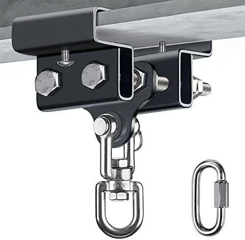 De "Bokszakbeugel installatie: de ultieme toevoeging aan jouw trainingsruimte" bestaat uit een robuuste schommelhangerklem met bouten en wartel, bevestigd aan een balk. Het beschikt ook over een metalen connector voor een veilige installatie.