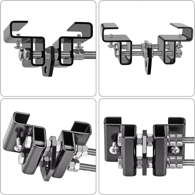 Laad afbeelding in Galerijviewer, Vier afbeeldingen van de Bokszakbeugel installatie, een metalen klem in zwart en zilver, vanuit verschillende hoeken getoond met schroeven en verstelbare beugels voor een veilige constructie.
