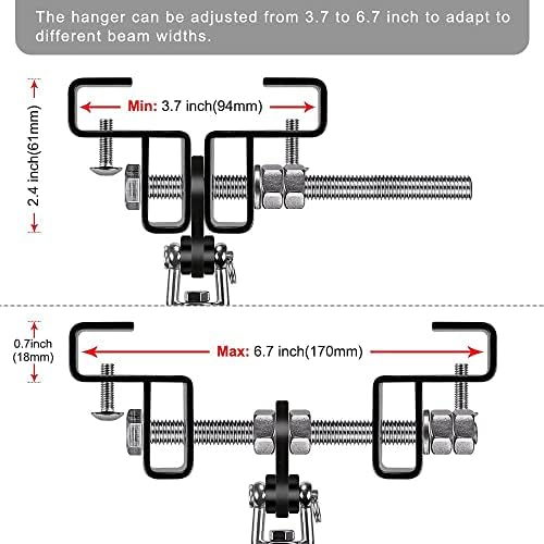 Illustratie van de Bokszakbeugel installatie, met de afmetingen van de verstelbare ophangbeugel: min. breedte 3,7 inch (94 mm), max. breedte 6,7 inch (170 mm) en hoogte 2,4 inch (61 mm) voor een veilige constructie in jouw trainingsruimte.