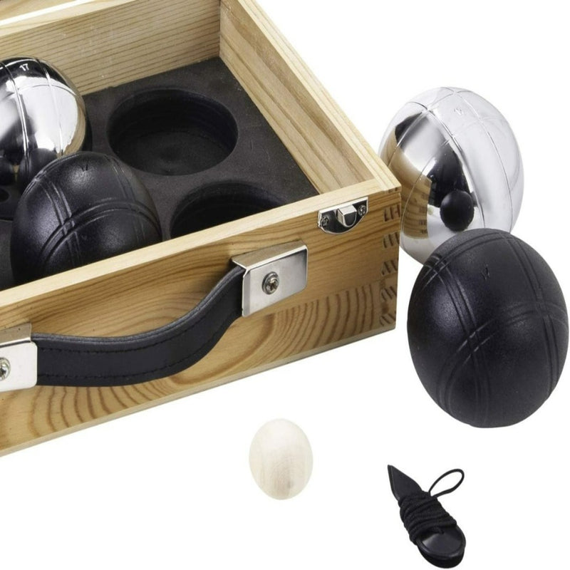 Laad afbeelding in Galerijviewer, Geniet van petanque met onze prachtige houten boxset, bestaande uit twee zwarte ballen, één zilveren bal, een witte pallino en een meetlint.
