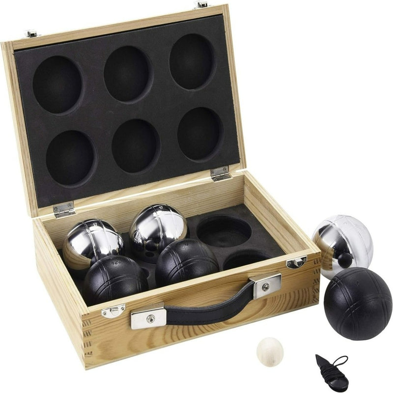 Laad afbeelding in Galerijviewer, Ervaar petanque plezier met ons prachtige petanque spel in kist van hout, inclusief zes bocceballen (drie zwart, drie zilver) in schuimvakken, een kleine witte bal en meetgereedschap voor een compleet spel.
