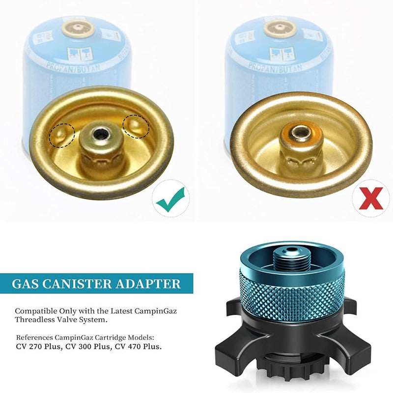 Laad afbeelding in Galerijviewer, De Campingaz-adapter is gebruiksvriendelijk en voorzien van een groen vinkje voor CampinGaz-compatibiliteit en een rode X voor incompatibele modellen. Zo bent u verzekerd van veilig koken tijdens uw kampeeravonturen.
