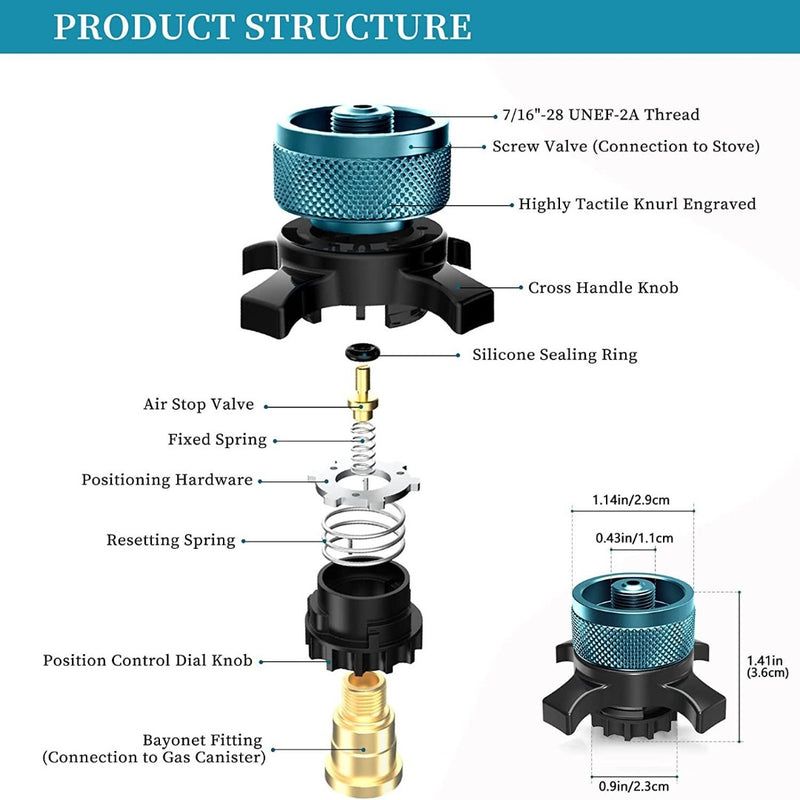 Laad afbeelding in Galerijviewer, Exploded view diagram van een gasfles connector met functies zoals een gekartelde knop, kruisgreep, siliconen ring, kleppen, veren en bajonetsluiting. Perfect voor integratie met de Campingaz adapter: de ultieme manier om te koken tijdens je kampeeravonturen voor je kampeerfornuis opstelling. Afmetingen inbegrepen.
