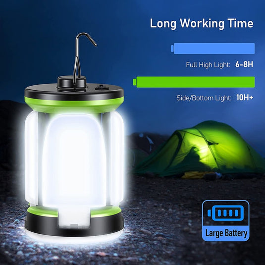 De Waterdichte en schokbestendige campinglamp voor buitenactiviteiten valt op door zijn opvallende blauwe en groene display met een brandduur van 6-8 uur bij hoog licht en meer dan 10 uur bij zij-/onderlicht. Ook is er een groot batterijpictogram te zien om continue verlichting te garanderen.