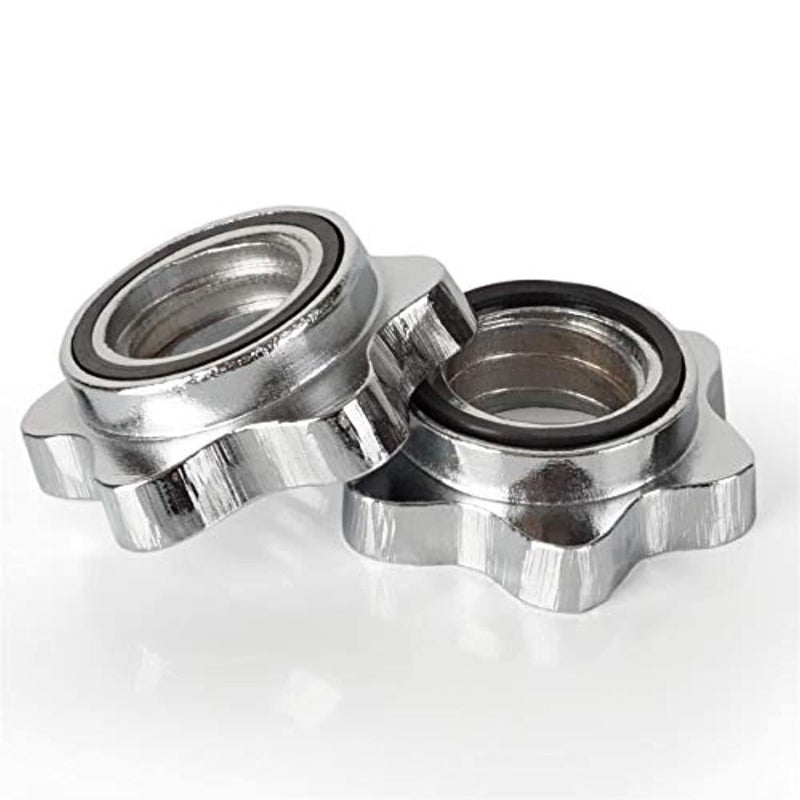 Laad afbeelding in Galerijviewer, Twee stervormige halterkragen met zwarte rubberen ringen rusten op een witte achtergrond, ideaal voor je biceps-curl-routine. Perfect paar voor de &quot;Ontketen je kracht met de veelzijdige krachttraining curlstang.
