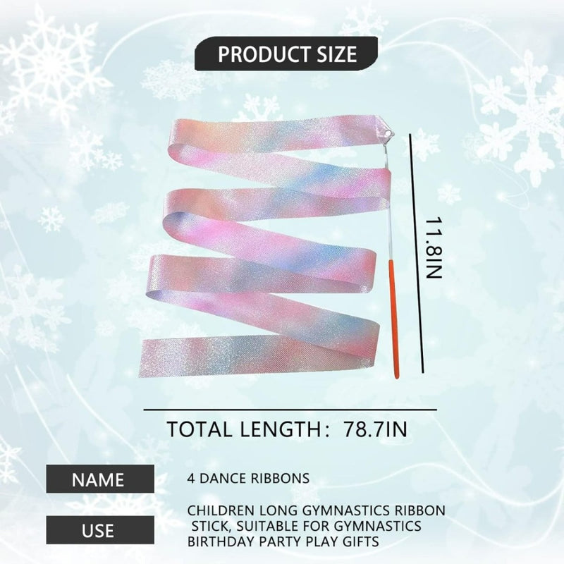 Laad afbeelding in Galerijviewer, De &quot;Dans als een echte prinses of fee met onze 4-delige danslinten set&quot; heeft een kleurrijk gymnastieklint met een toverstaf, in totaal 78,7 inch, ideaal voor dans, gymnastiek en cadeaus. Het verbetert de motoriek en creativiteit tegen een sneeuwvlokontwerpachtergrond.
