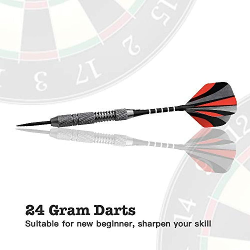 Laad afbeelding in Galerijviewer, Een enkele dart met een rood-zwarte staart op een wit oppervlak. Tekst luidt: &quot;24 Gram Darts. Geschikt voor beginners, scherp je vaardigheden aan.&quot; Met verhoogde nauwkeurigheid voor stabiliteit en grip. Dartbordachtergrond gedeeltelijk zichtbaar. Verbeter je spel met de Professionele metalen dartset!.
