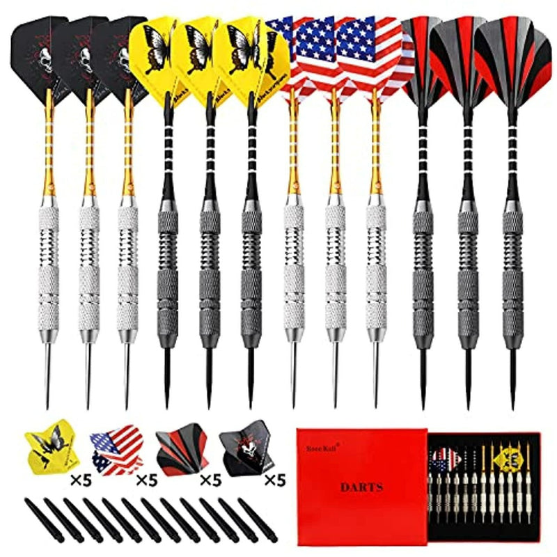 Laad afbeelding in Galerijviewer, De Professionele Metalen Dart Set bevat 15 darts met schedel-, vlinder- en Amerikaanse vlagontwerpen. Het biedt verbeterde stabiliteit en grip voor precisie en wordt geleverd met vervangende onderdelen in een opvallende rode behuizing.
