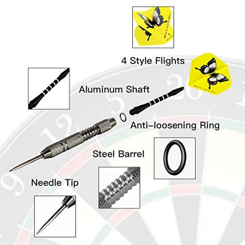 Laad afbeelding in Galerijviewer, De professionele metalen dartset bevat een naaldpunt, stalen cilinder voor precies, aluminium schacht die stabiliteit en grip garandeert, een anti-losraakring en 4 vlindervormige vluchten. Dartbord dient als achtergrond. Verbeter je dartspel en scoor meer punten!.
