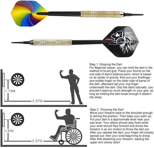 De afbeelding toont dartgrijp- en werptechnieken voor beginners, van premium kwaliteit. Inclusief een speler met instructies, een dartbord en een rolstoelgebruiker die softtip dartpijlenset gooit: de perfecte keuze voor spelers van alle niveaus op lagere hoogte.