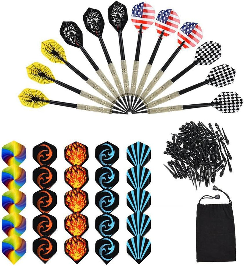 Laad afbeelding in Galerijviewer, De Softtip dartpijlenset, perfect voor spelers van alle niveaus, bestaat uit professioneel ontworpen darts met kleurrijke flights en extra sets, plus dartpunten, allemaal elegant gepresenteerd in een compacte zwarte tas met trekkoord tegen een onberispelijk witte achtergrond.
