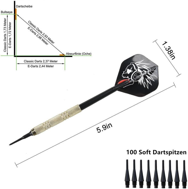 Laad afbeelding in Galerijviewer, De &quot;Softtip dartpijlen set: de perfecte keuze voor spelers van alle niveaus&quot; biedt zwarte en gouden dartpijlen van topkwaliteit met een professioneel ontwerp, inclusief afmetingen, een dartbordopstellingsdiagram in meters en 100 softtip dartpijlen.
