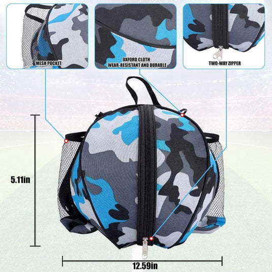 De basketbaltas die je nodig hebt om je spel naar een hoger niveau te tillen heeft een blauwe en grijze camo-print, zwarte meshvakken, en een tweerichtingsrits. Met afmetingen van 5,11 inch in hoogte en 12,59 inch in breedte, robuust uit duurzaam materiaal met grote capaciteit voor al je spullen.