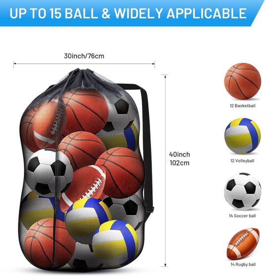 De duurzame "De ideale ballentas voor elke sporter" bevat diverse ballen zoals basketballen, volleyballen, soccer balls en rugbyballen. Met een label met de tekst "Tot 15 Ball & Widely Applicable," is het lichtgewicht en perfect voor al uw sportbehoeften.