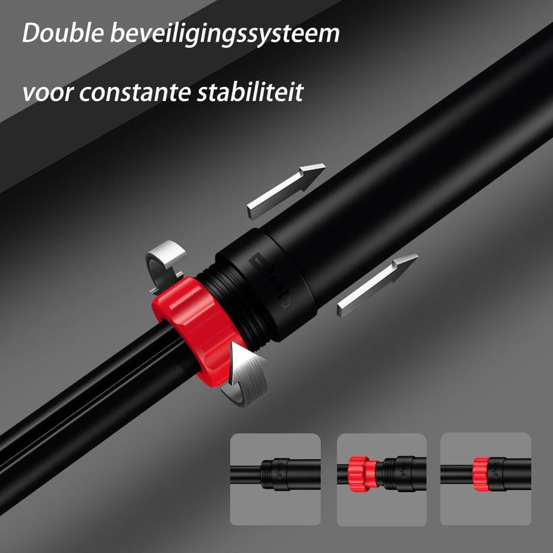 Laad afbeelding in Galerijviewer, De &quot;De optrekstang die je thuis een complete workout geeft&quot; bestaat uit een zwarte staaf met een rood vergrendelmechanisme en richtingspijlen. Het beschikt over een dubbel beveiligingssysteem voor constante stabiliteit, is gemaakt van hoogwaardig staal en wordt geleverd met antisliphandgrepen voor extra veiligheid.
