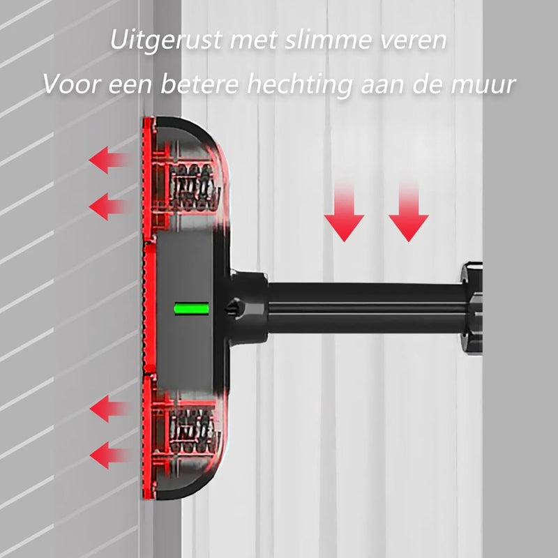 Laad afbeelding in Galerijviewer, Illustratie van &quot;De optrekstang die je thuis een complete workout geeft&quot; met slimme veren die tegen een muur drukken, weergegeven door rode pijlen, en Nederlandse tekst over verbeterde muurhechting. Hij is voorzien van antisliphandgrepen voor betere grip en veiligheid.
