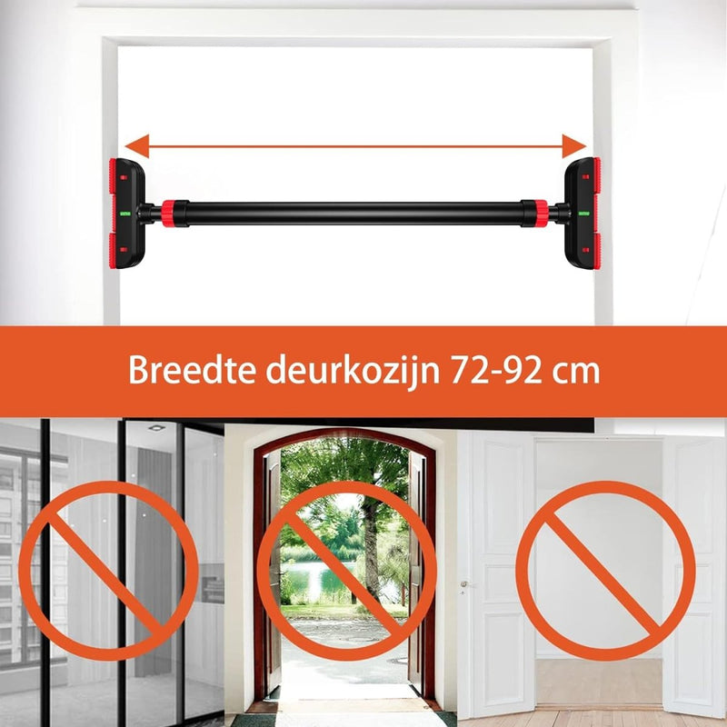 Laad afbeelding in Galerijviewer, De optrekstang die je thuis een complete workout geeft is van hoogwaardig staal, verstelbaar van 72-92 cm, en wordt geïllustreerd boven foto&#39;s van ongeschikte deurkozijnen. Inclusief antisliphandgrepen voor veilige trainingen.
