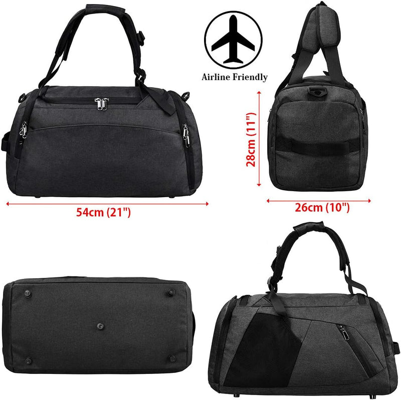 Laad afbeelding in Galerijviewer, Collage van De sporttas die je leven maakt praktisch een zwarte plunjezak: 54 cm lang, 28 cm hoog, 26 cm breed. Gelabeld &quot;Airline Friendly&quot; met vliegtuigpictogram. Deze waterdichte sporttas is voorzien van een schoenenvak om je spullen overzichtelijk in op te bergen.
