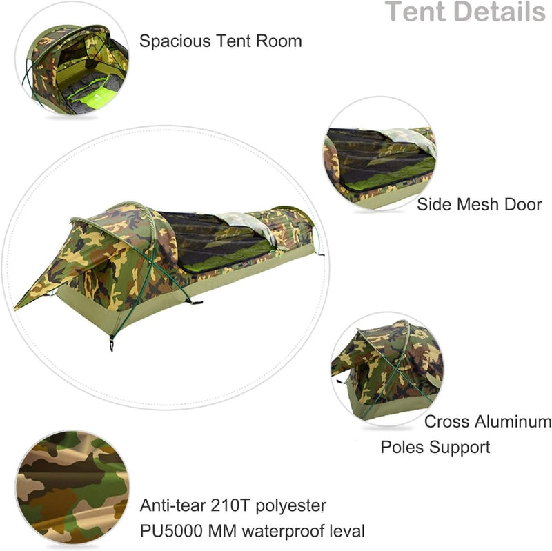 Laad afbeelding in Galerijviewer, Afbeelding van &quot;De ultieme ultralichte 1-persoons waterdichte persoonlijke BIVY tent&quot; met ruim interieur, gaasdeur aan de zijkant en gekruiste aluminium paalsteun. Gemaakt van waterdicht 210T polyester met een PU5000 MM waterdicht niveau - perfect voor lichtgewicht kamperen.
