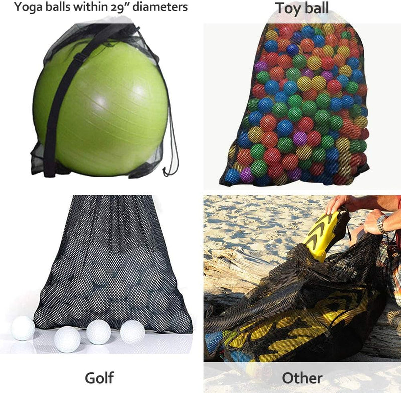 Laad afbeelding in Galerijviewer, Vier veelzijdige mesh-tassen: één voor een yogabal, een andere voor kleurrijke speelgoedballen, een derde voor golfballen en de laatste voor &quot;De voetbaltas die je nodig hebt om je team te laten winnen&quot; die door iemand op het strand wordt ingepakt. Deze tassen zijn gemaakt van duurzaam nylon en zijn praktisch en waterbestendig voor al je avonturen.
