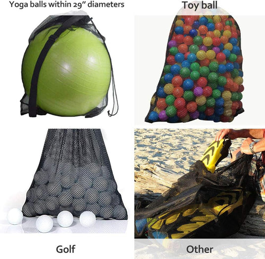 Vier veelzijdige mesh-tassen: één voor een yogabal, een andere voor kleurrijke speelgoedballen, een derde voor golfballen en de laatste voor "De voetbaltas die je nodig hebt om je team te laten winnen" die door iemand op het strand wordt ingepakt. Deze tassen zijn gemaakt van duurzaam nylon en zijn praktisch en waterbestendig voor al je avonturen.