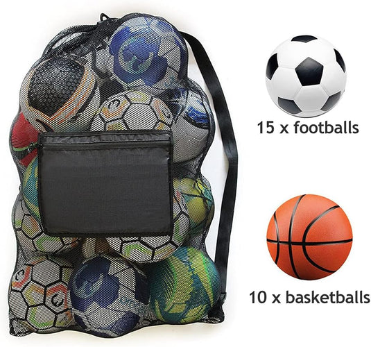 Een duurzame nylon netje gevuld met een mix van 15 voetballen en 10 basketballen - "De voetbaltas die je nodig hebt om je team te laten winnen.