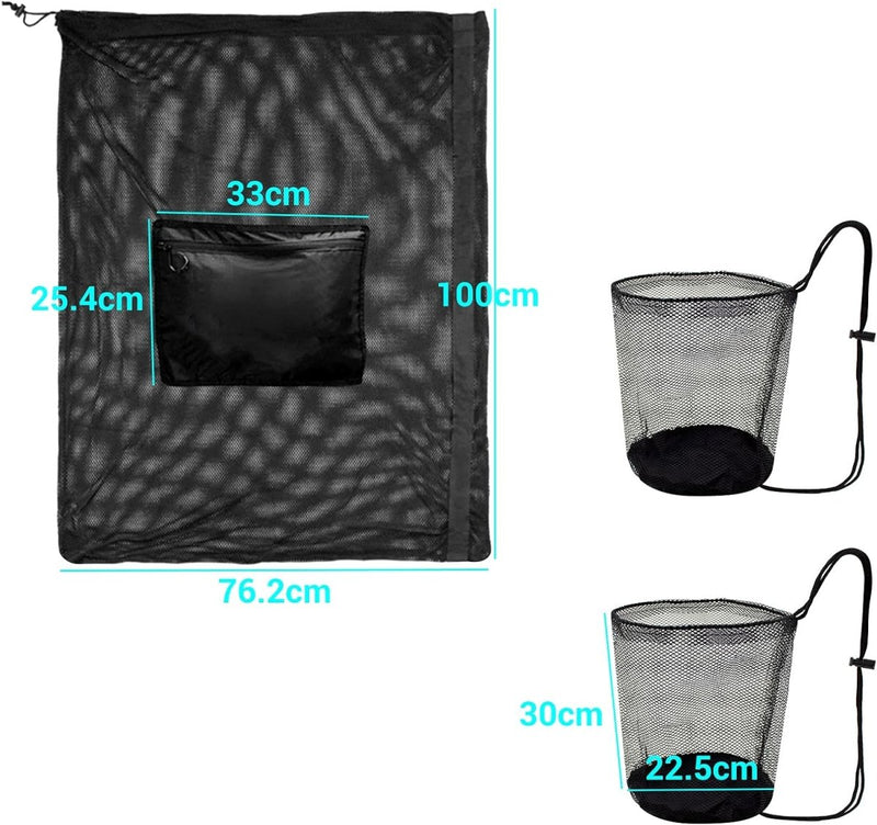Laad afbeelding in Galerijviewer, Het duurzame zwarte visnet van duurzaam nylon meet 100 cm x 76,2 cm, heeft een vak van 33 cm x 25,4 cm en bevat twee afneembare netten (30 cm x 22,5 cm) met een schouderband voor gemakkelijk dragen, vergelijkbaar met &quot;De voetbaltas die je nodig hebt om je team te laten winnen.
